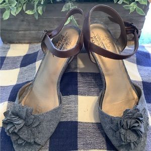 FLOWERD DENIM WEDGES SANDALS